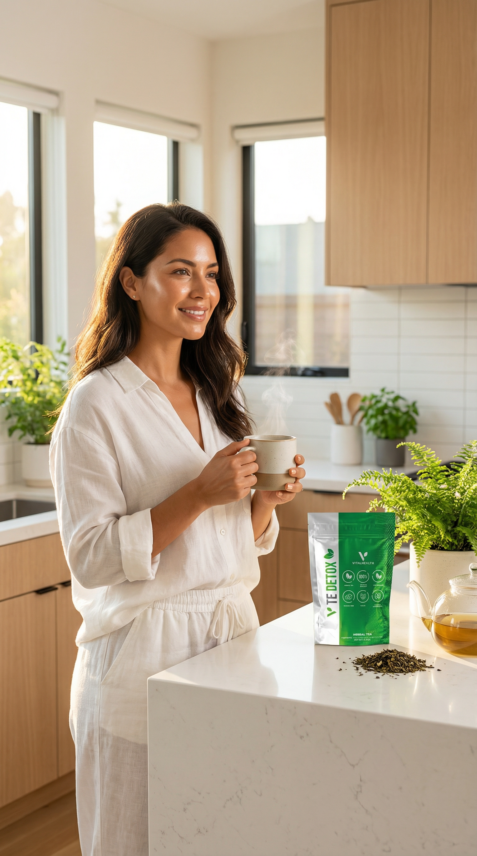 Mujer tomando V-TEDETOX